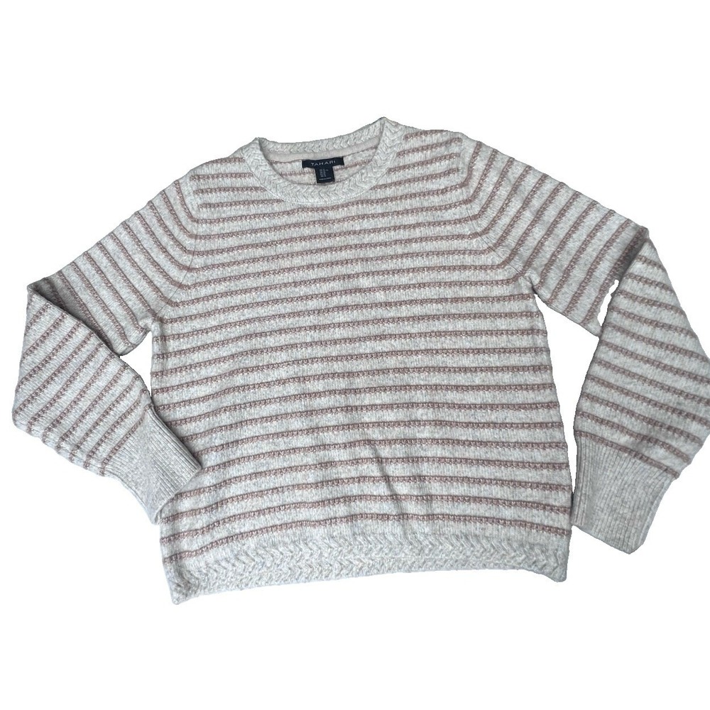 Tahari Womens XL Striped Eyelash Sweater Beige Blush Crew Neck SOFT Cozy Knit
